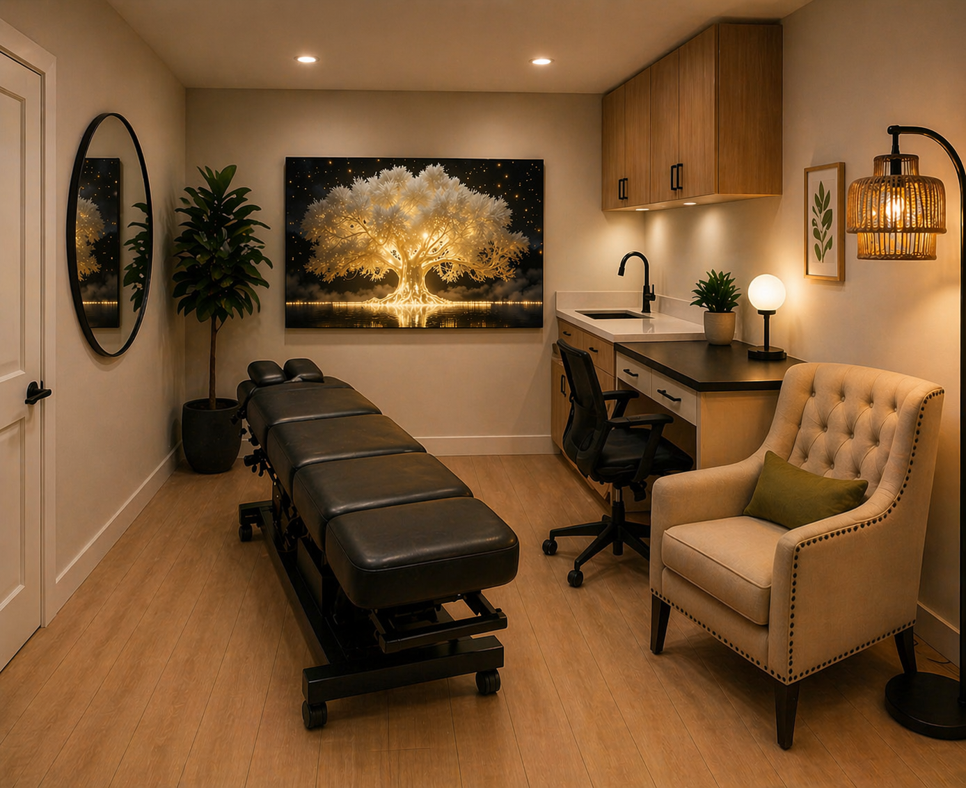 AlphaCore Health treatment room with warm lighting and tree-of-life artwork